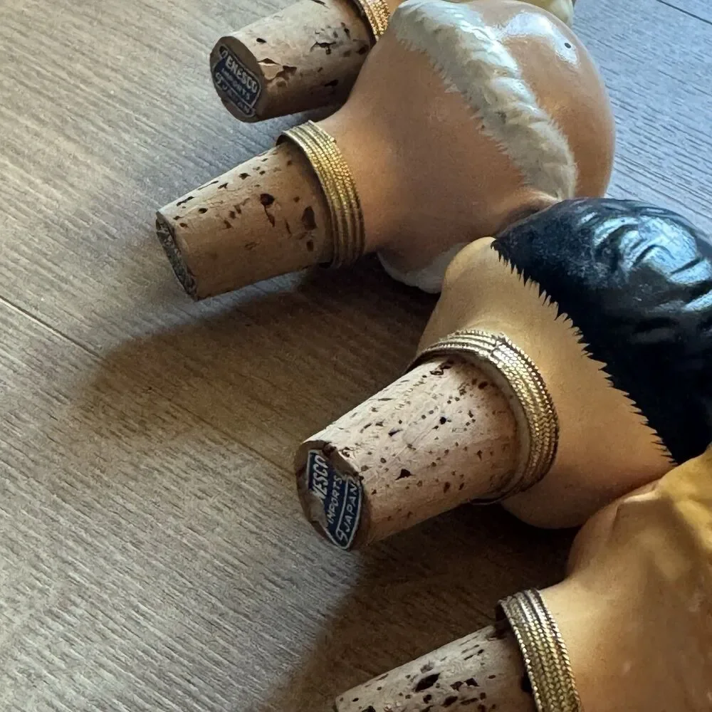 Vintage 60s Set Of 4 Enesco Japan Ceramic Heads Bottle Stoppers Corks